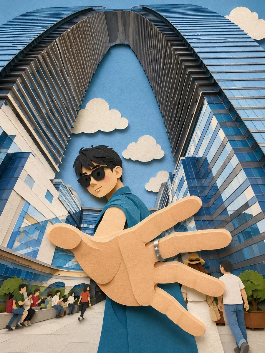Whimsical paper-cut travel portrait illustration of a stylish young man e...