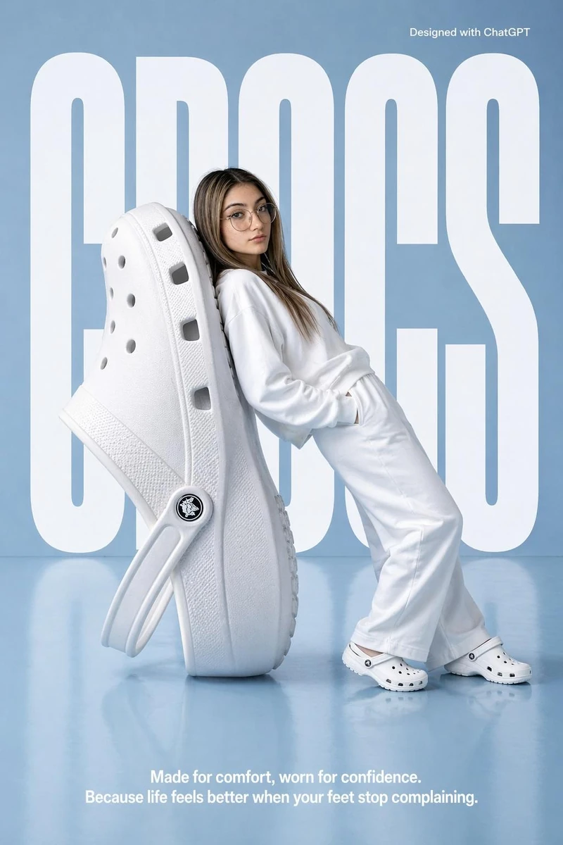 A high-fashion surrealist advertising poster for Crocs. The scene is set...