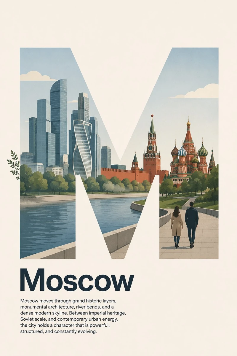 Design a contemporary Swiss Style editorial poster for Moscow, Russia. Us...