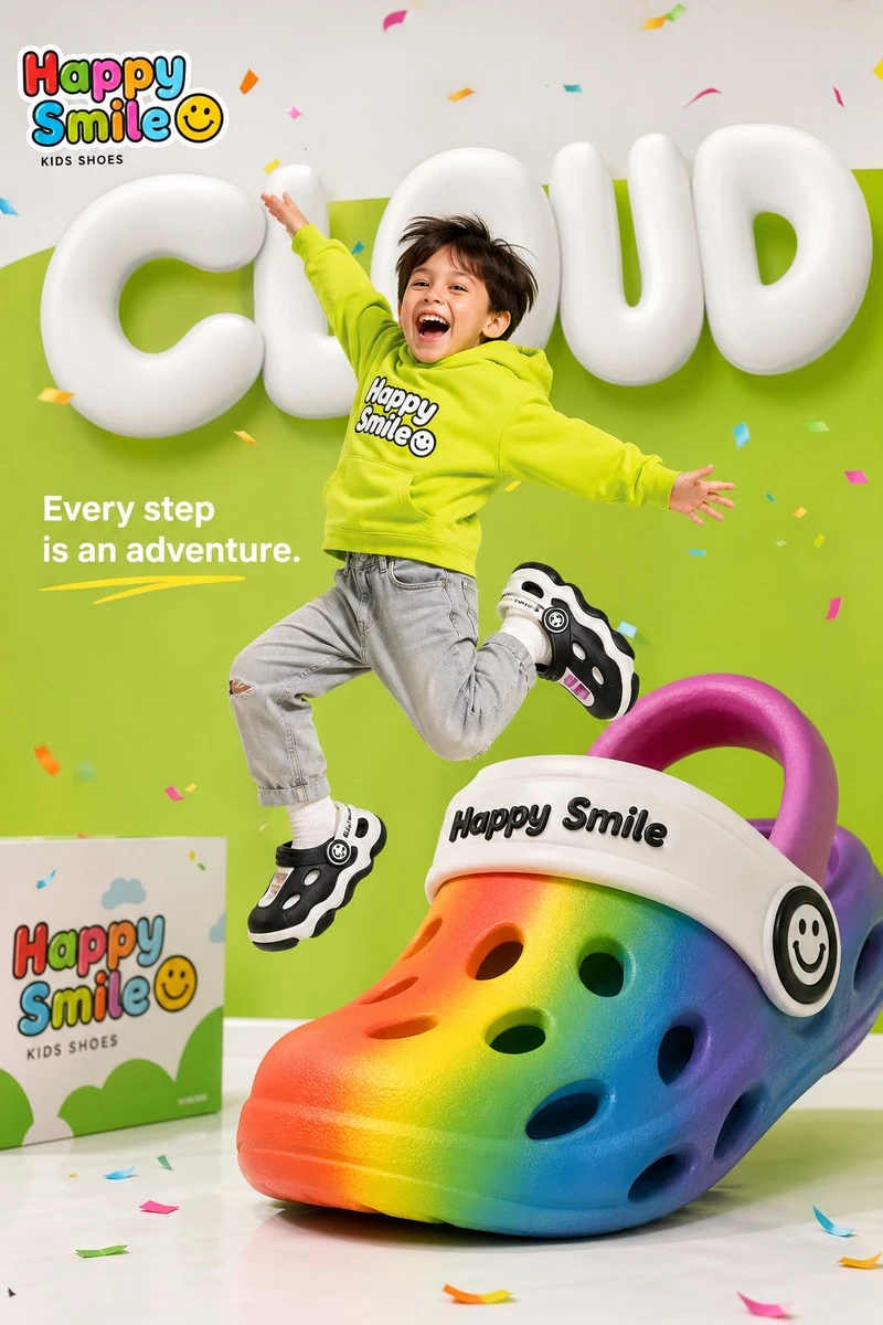 Bright colorful children's shoe brand advertisement for "Happy Smile☺️",...