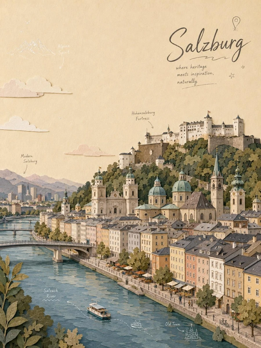 Whimsical travel poster illustration of a beautiful European alpine town,...