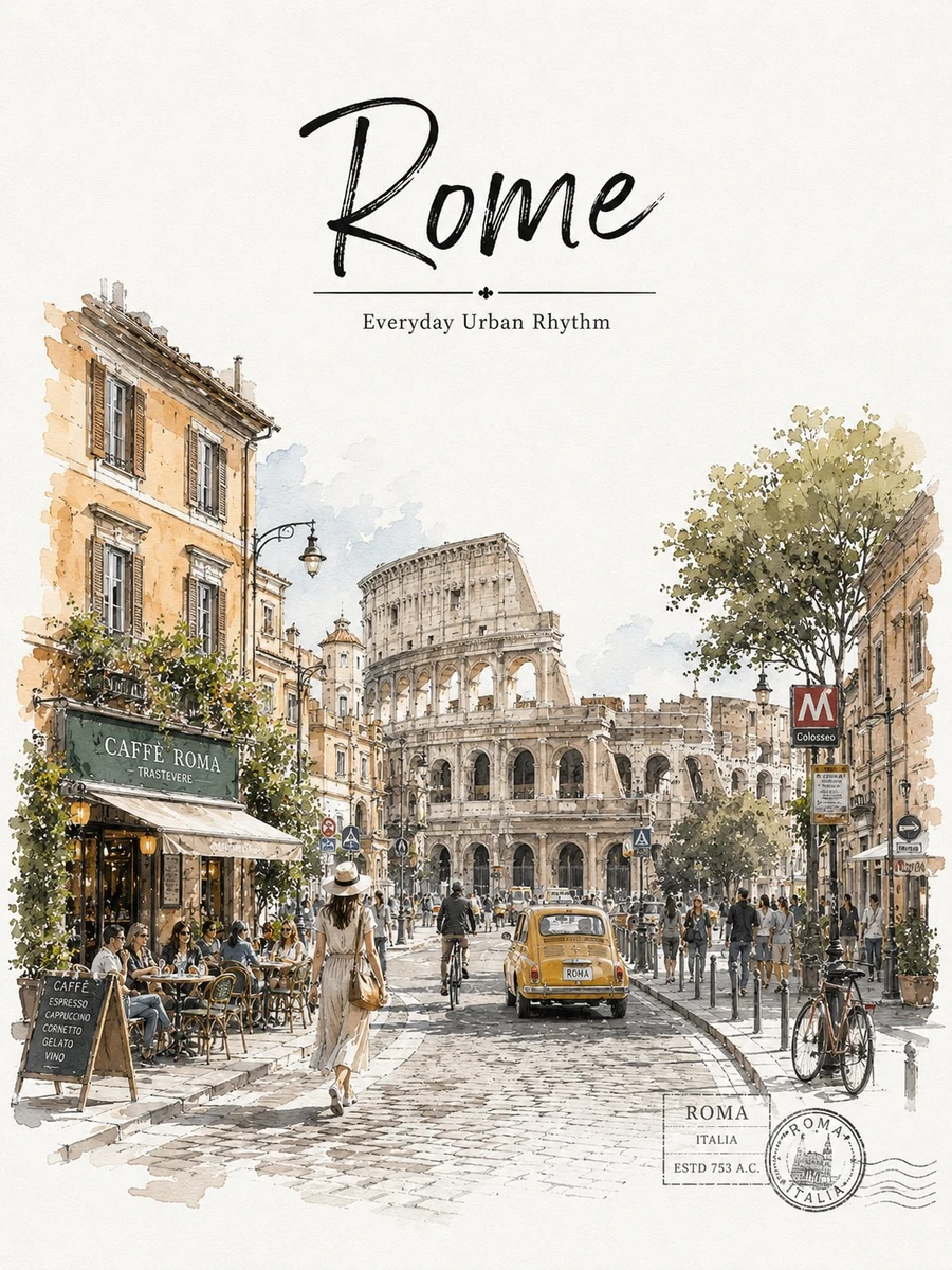 Elegant watercolor-style Rome travel poster with a soft urban sketch aest...