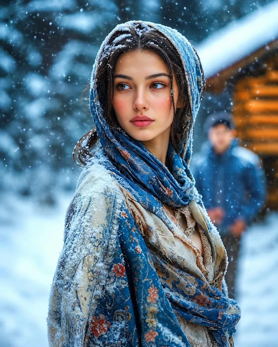 A cinematic portrait of a young woman standing in a peaceful snowy villag...