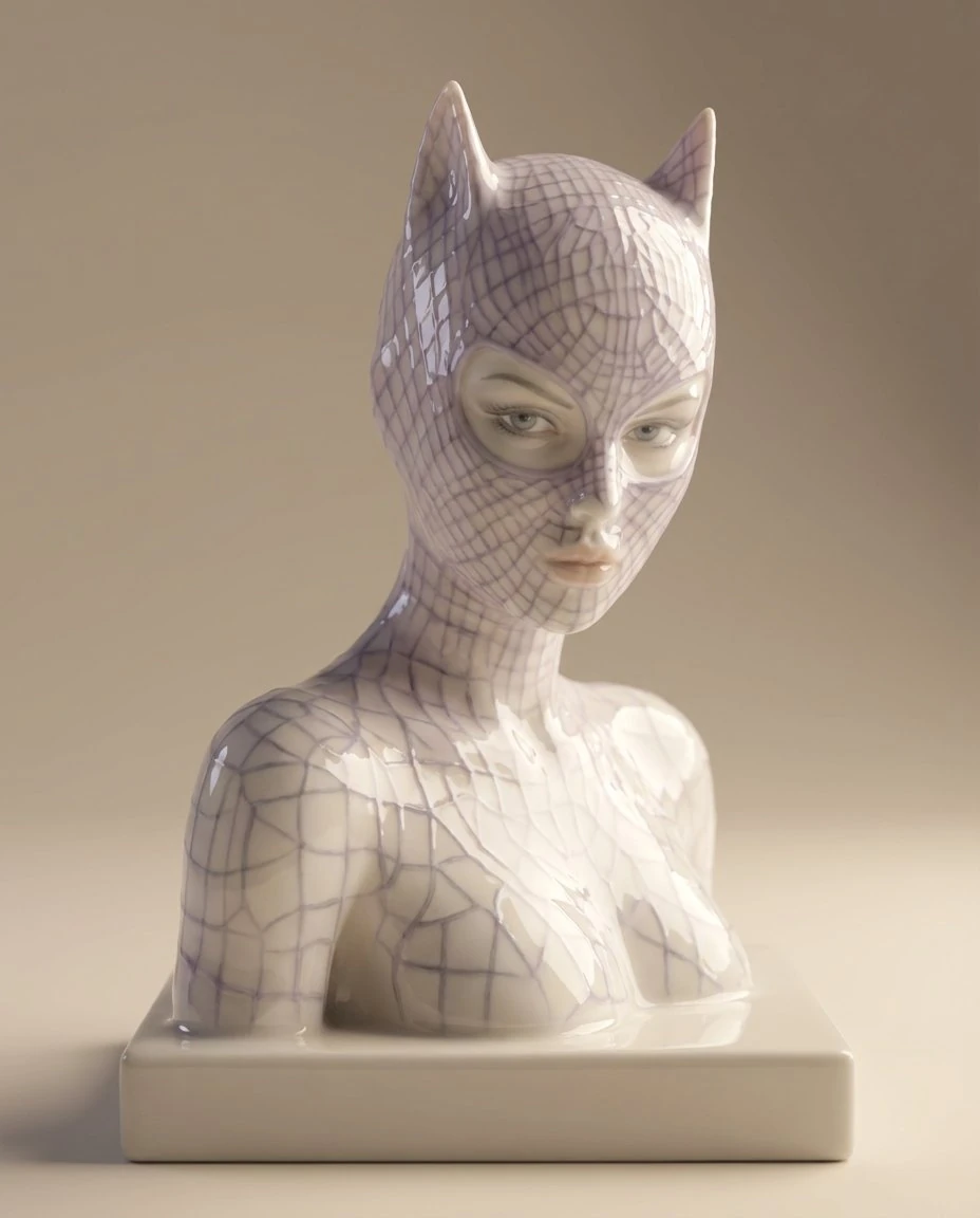 Transform this image into a charming porcelain figurine, capturing its de...