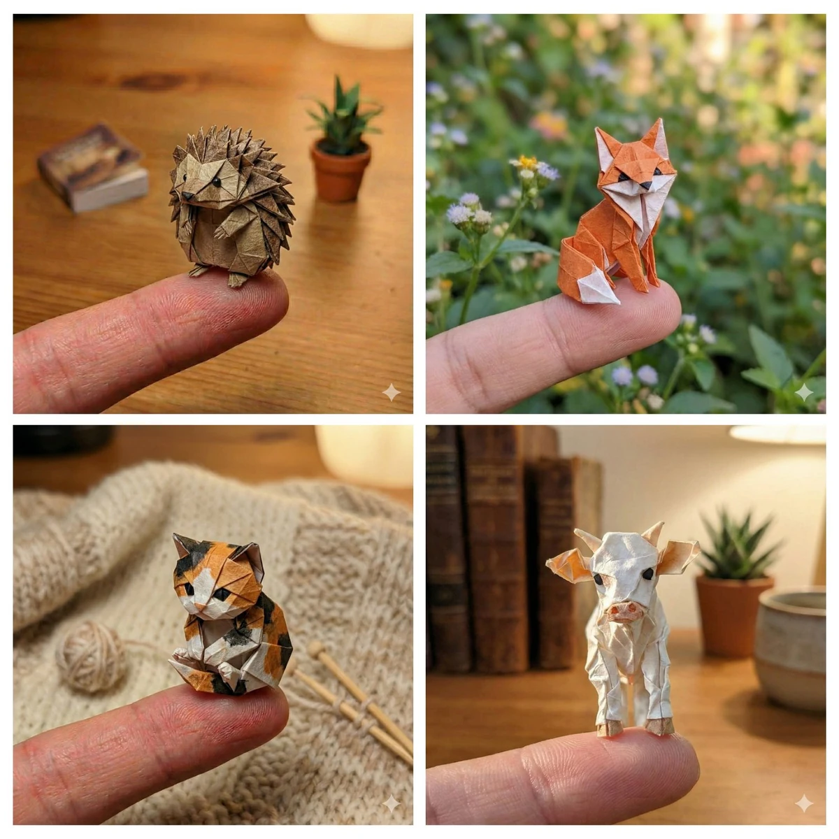 A close-up macro photograph of a miniature origami [ANIMAL TYPE] perched...