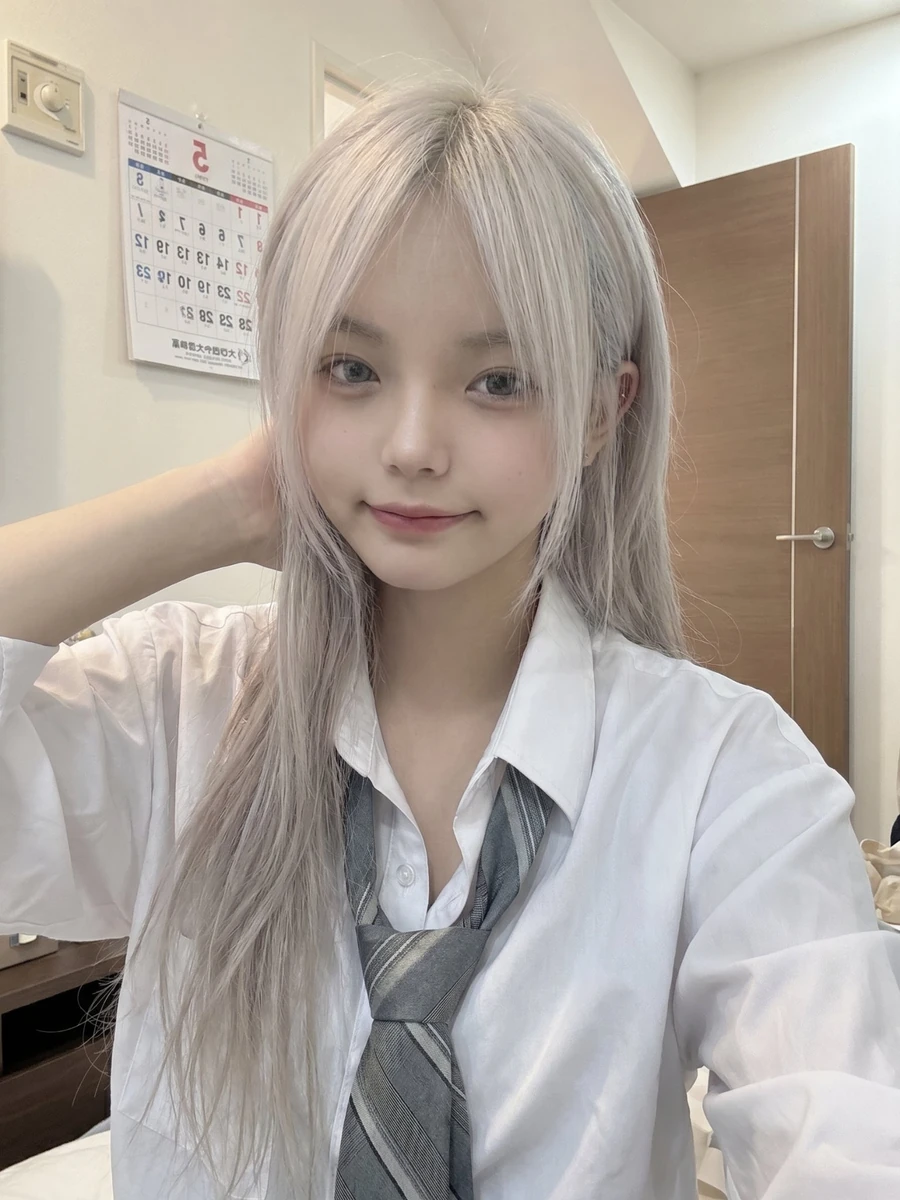 Pretty Young Japanese girl with long silver-white hair, soft messy bangs...