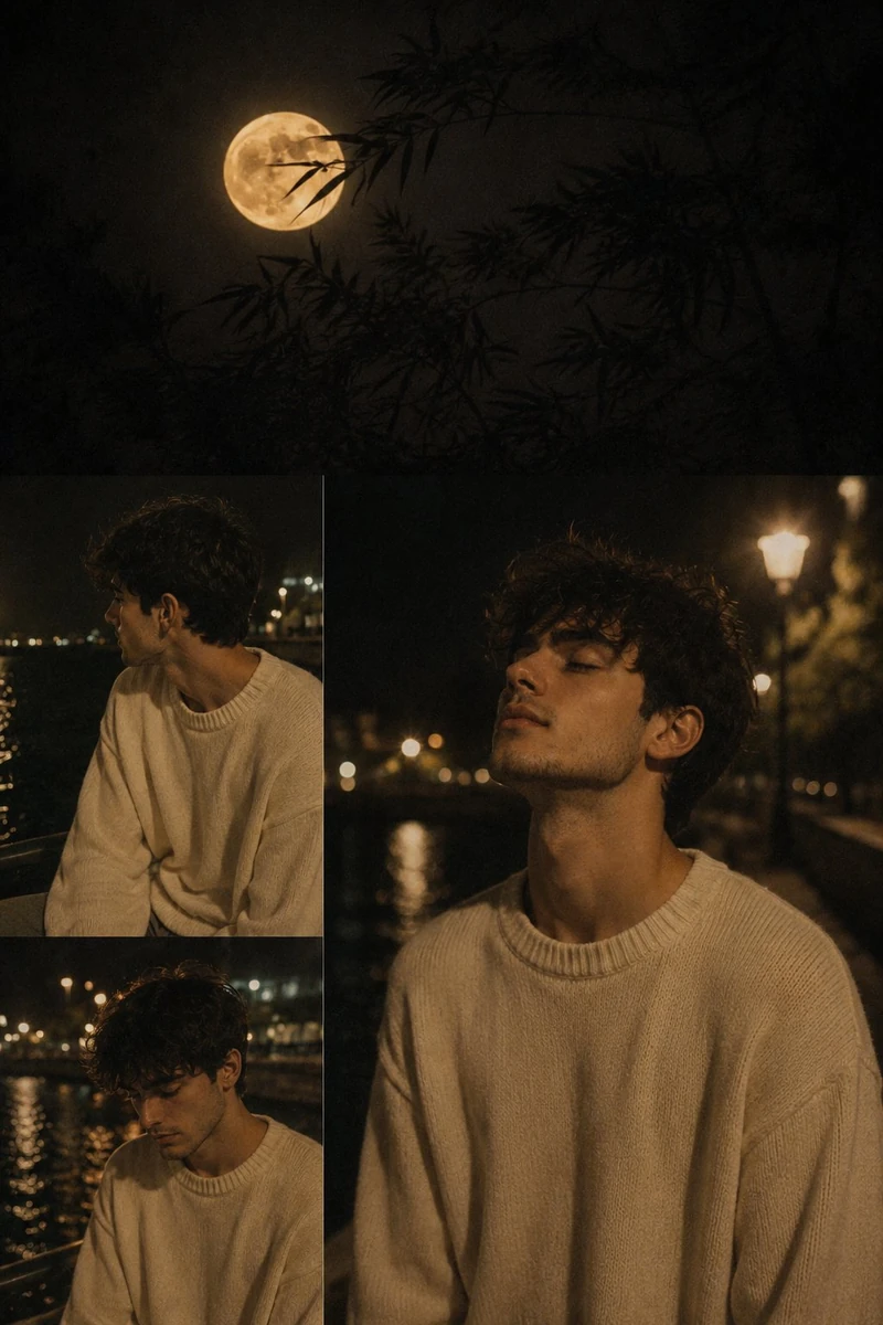 A cinematic film-still aesthetic collage. A glowing, warm full moon hangs...