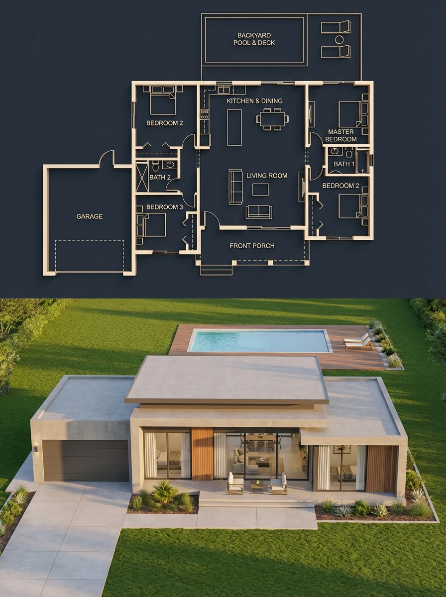 objective": "Create a split architectural visualization where the top is...