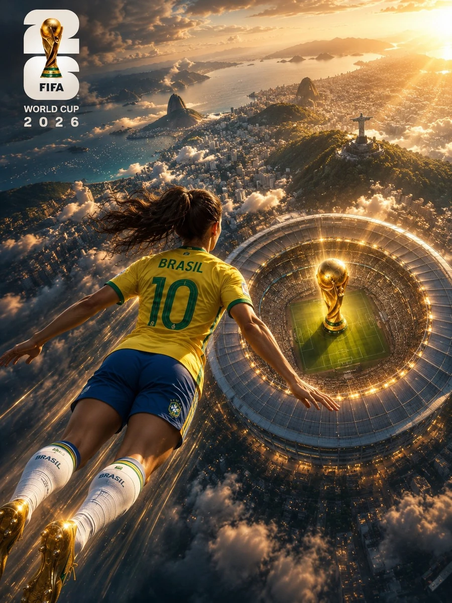 Ultra-cinematic FIFA World Cup 2026 fantasy poster, aerial view from the...
