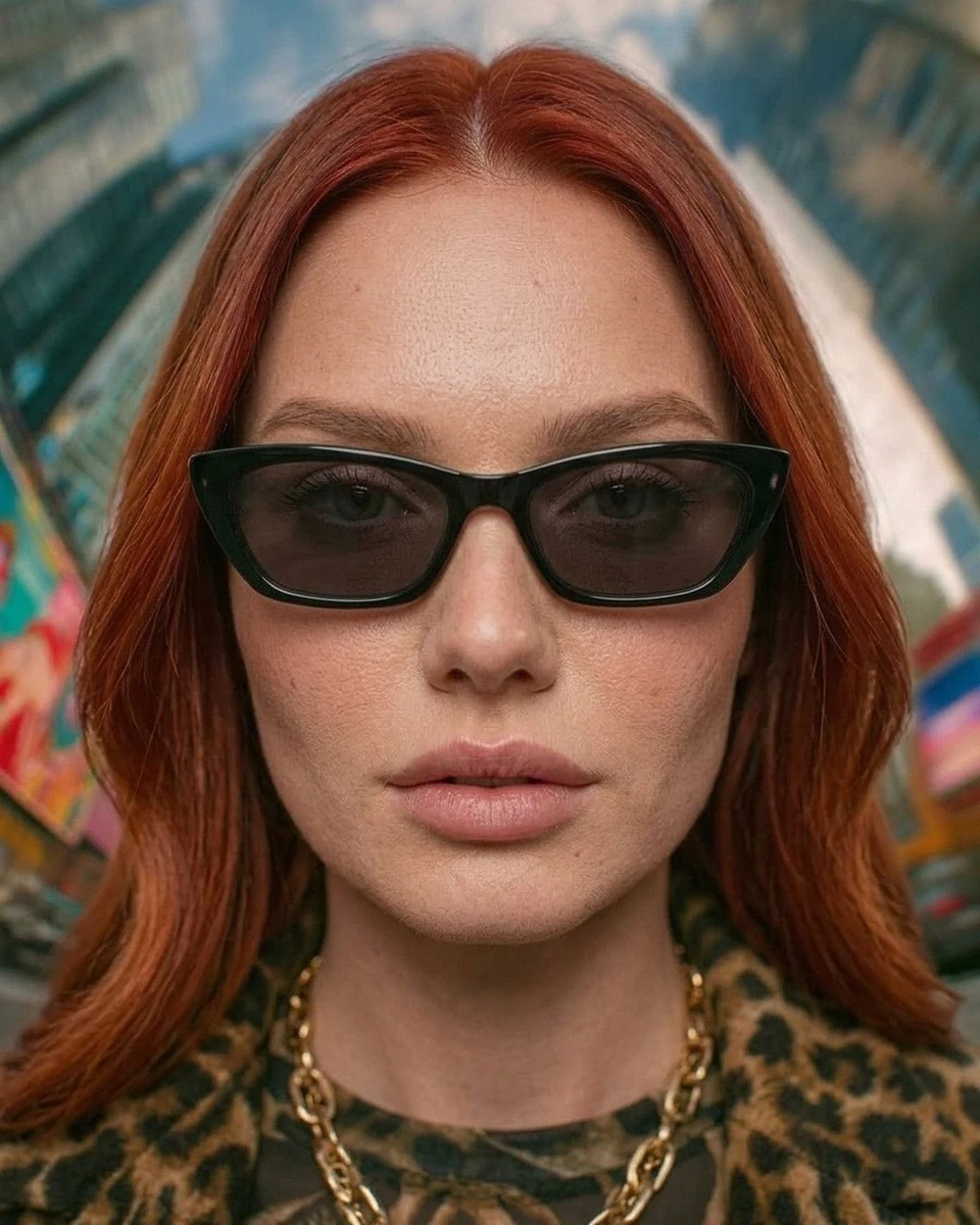 Ultra-realistic fashion portrait of a confident woman with straight long...