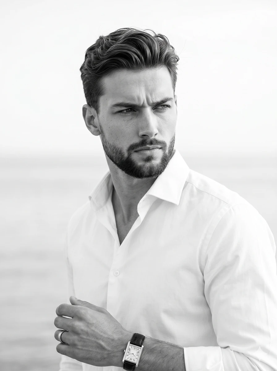 A young adult male model stands in a medium shot with his body turned at...