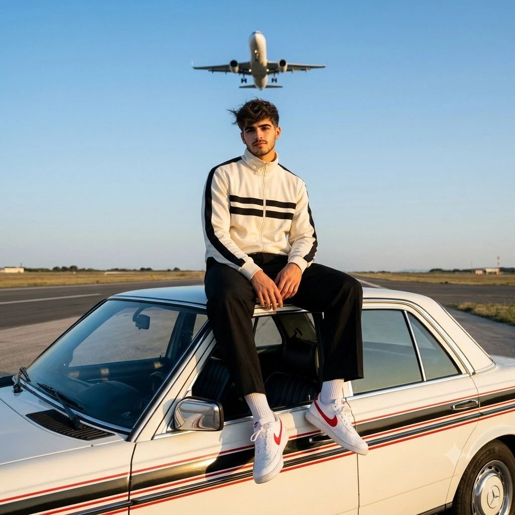 A cinematic lifestyle portrait of a stylish young man sitting casually on...