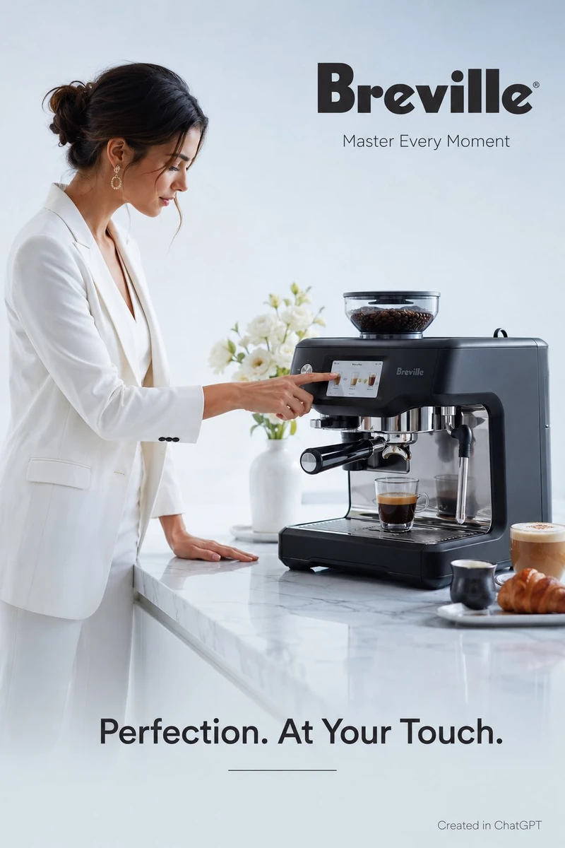 Photorealistic luxury commercial advertisement for the Breville Barista T...