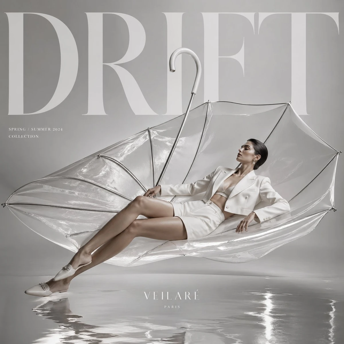 High-fashion editorial advertisement, oversized translucent umbrella floa...