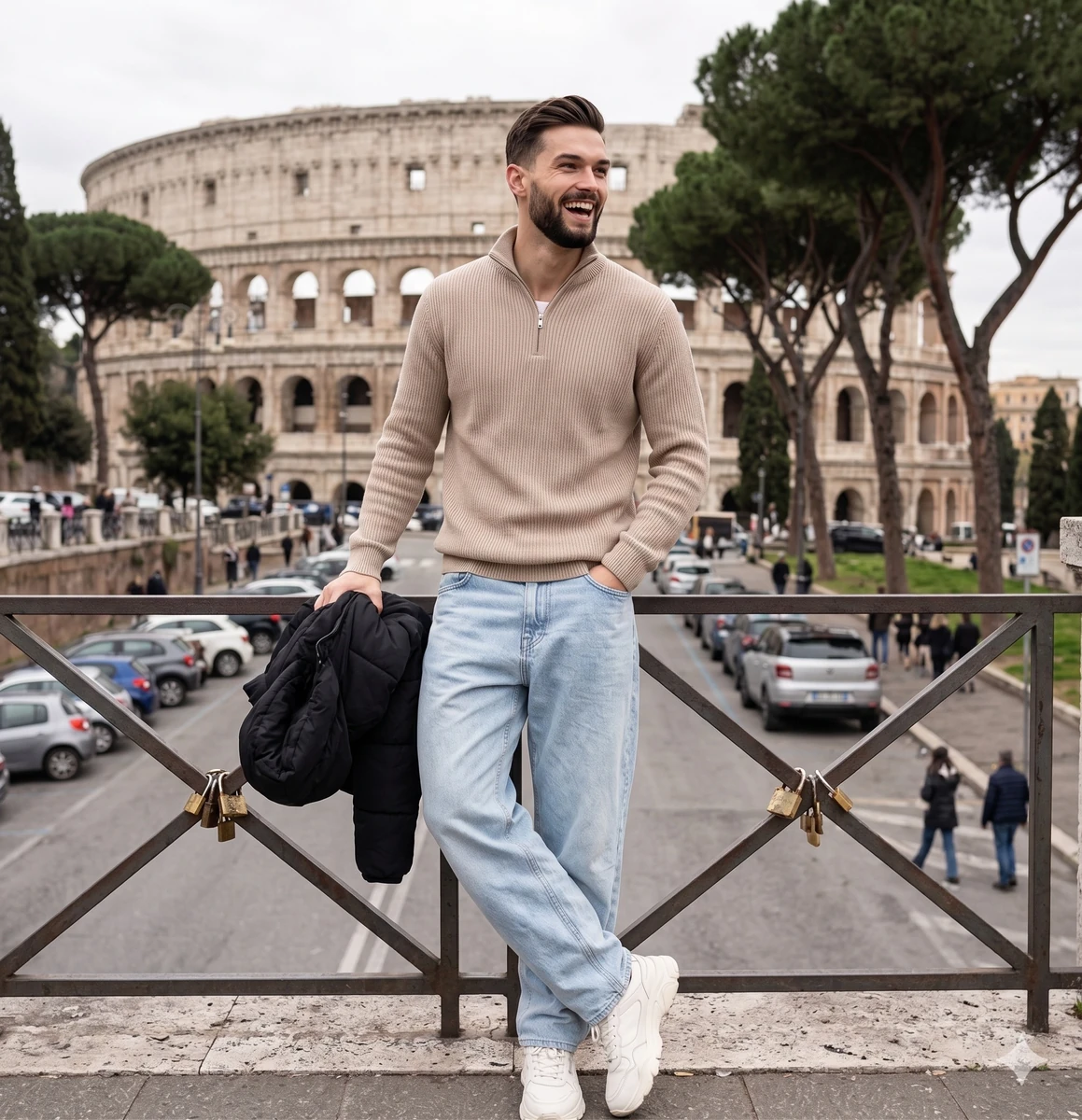 A fit, muscular young man with short dark hair and a short dark beard sta...