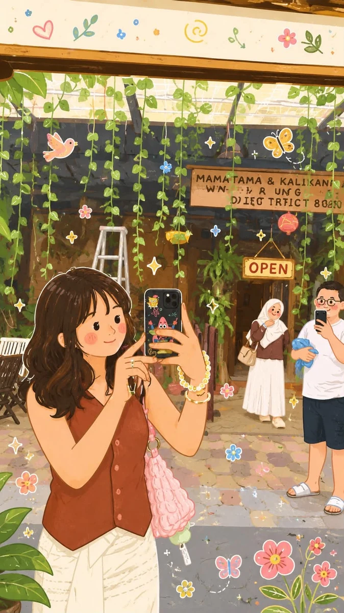 Transform the reference photo into a whimsical folk flat illustration wit...