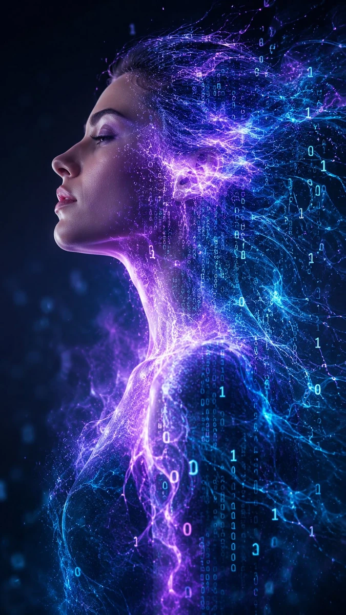 ultra-realistic surreal portrait of a woman dissolving into luminous stre...