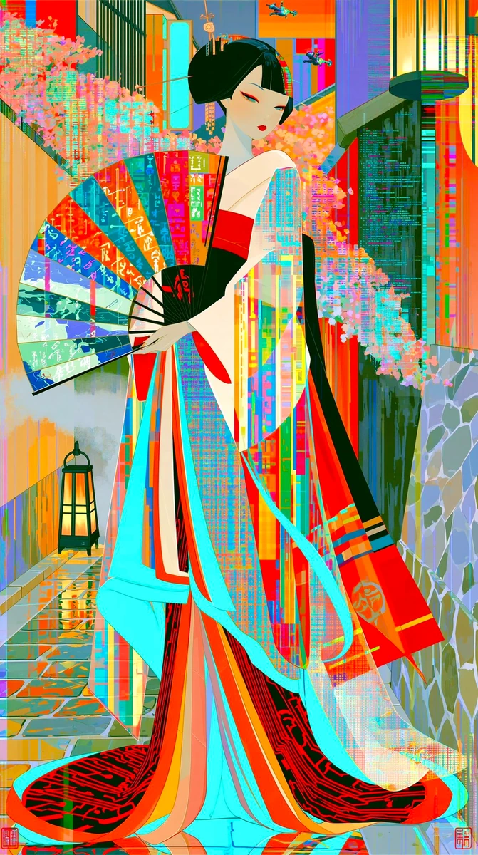Solitary futuristic geisha in a narrow neon lit Kyoto alley at night. Kim...