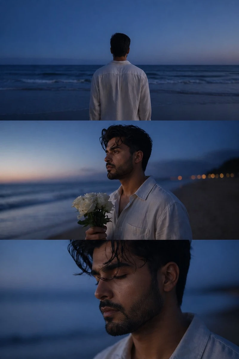 - A cinematic, melancholic portrait series of a young man standing alone...