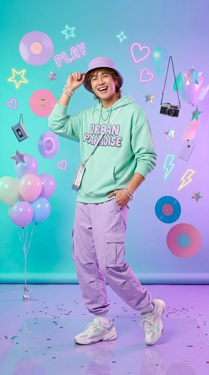 Whimsical kawaii-inspired studio fashion editorial featuring a stunning y...