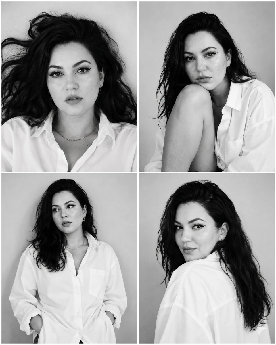 Black-and-white fashion casting contact sheet of a woman with long, sligh...