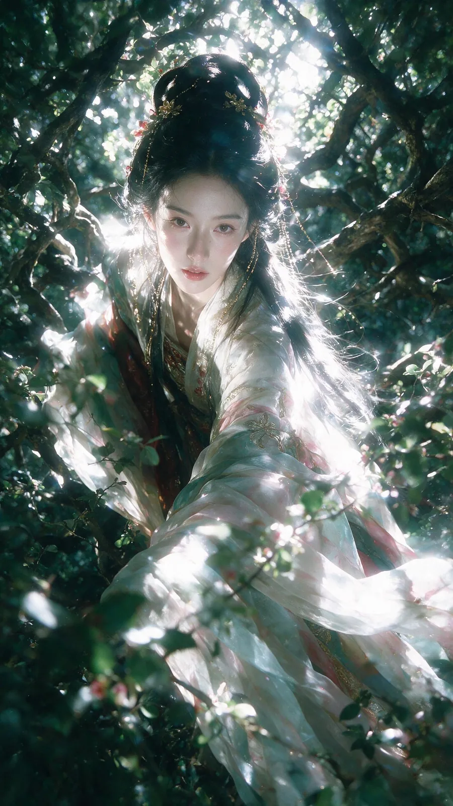 创作一张竖幅 9:16 的古风幻想人像，主题是林间神女。成年东方女性，精致清冷的古典美感，高挽发髻或半挽发，点缀金色发簪、玉石、珠链、少量红粉饰物...