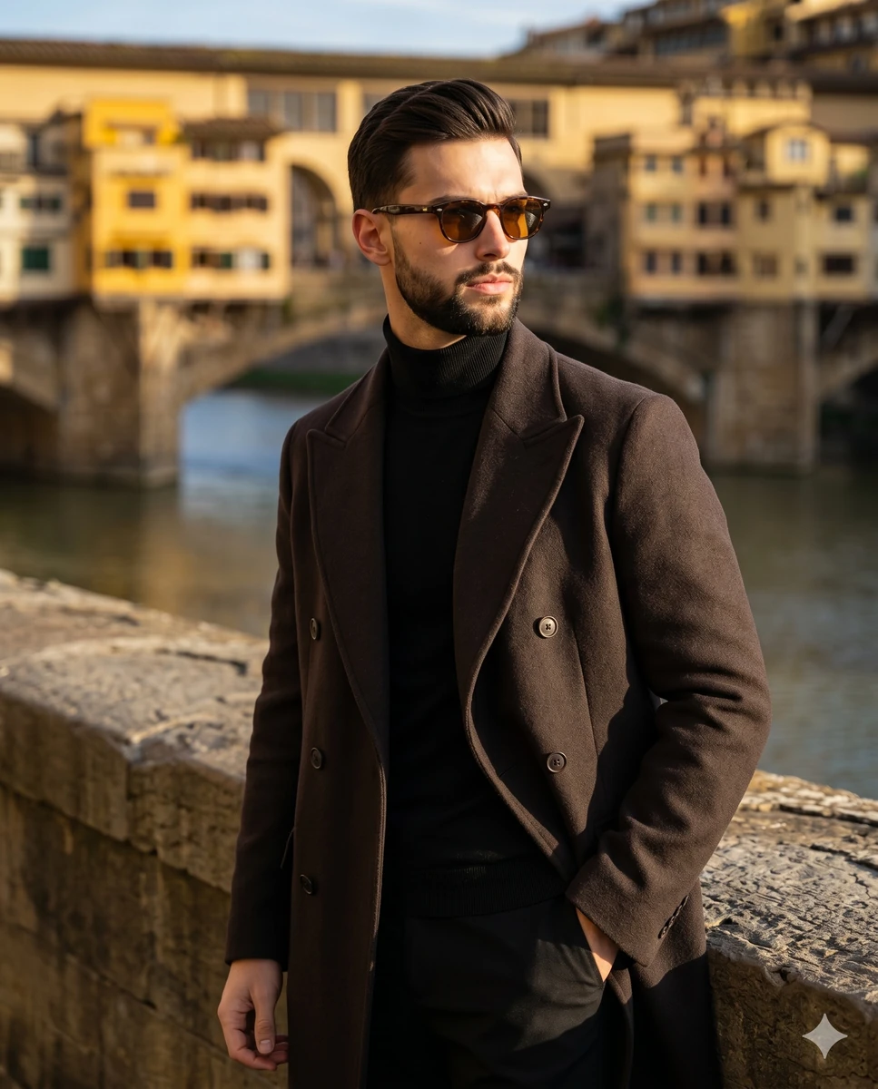 A male in his mid-30s stands center-left in a confident, medium waist-up...