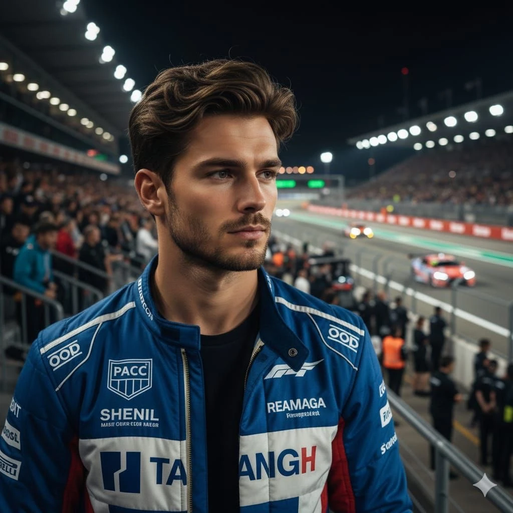 Ultra-realistic cinematic portrait of a handsome male racing driver stand...