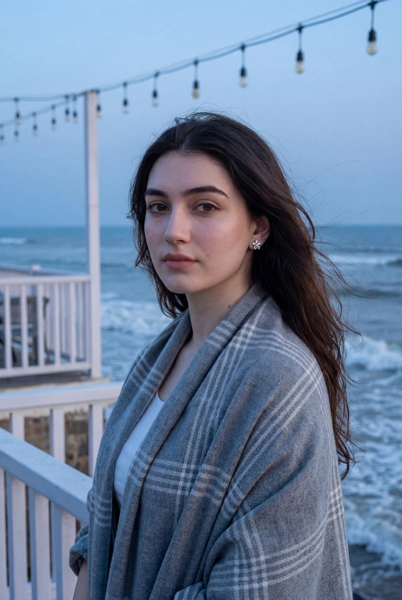 Photorealistic portrait of a young woman standing on a seaside terrace du...