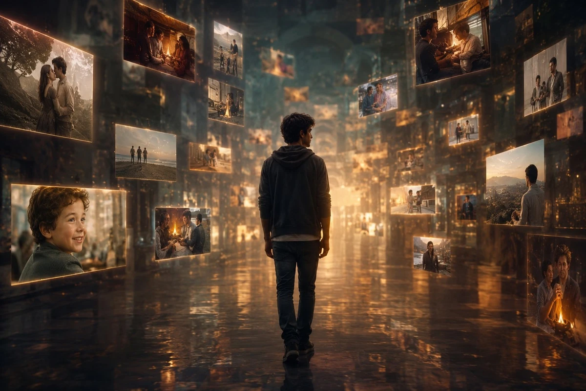 Show me walking through a corridor made of floating memories. Each memory...
