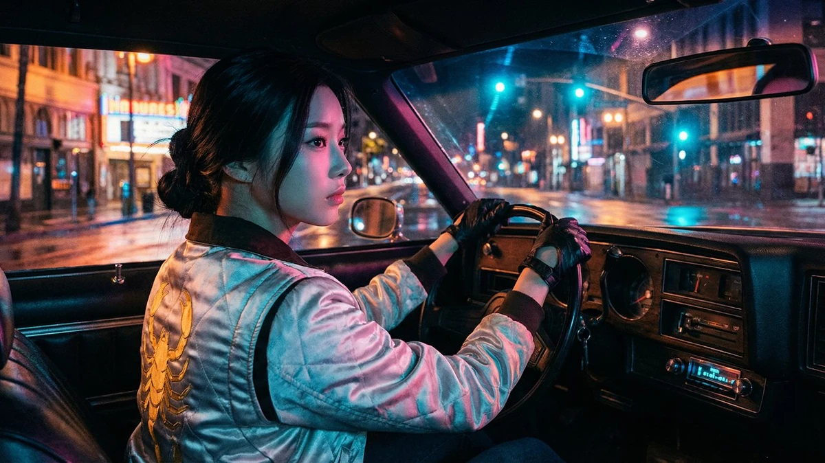 A atmospheric, cool driving movie still from Drive. **[Location]** Drivin...