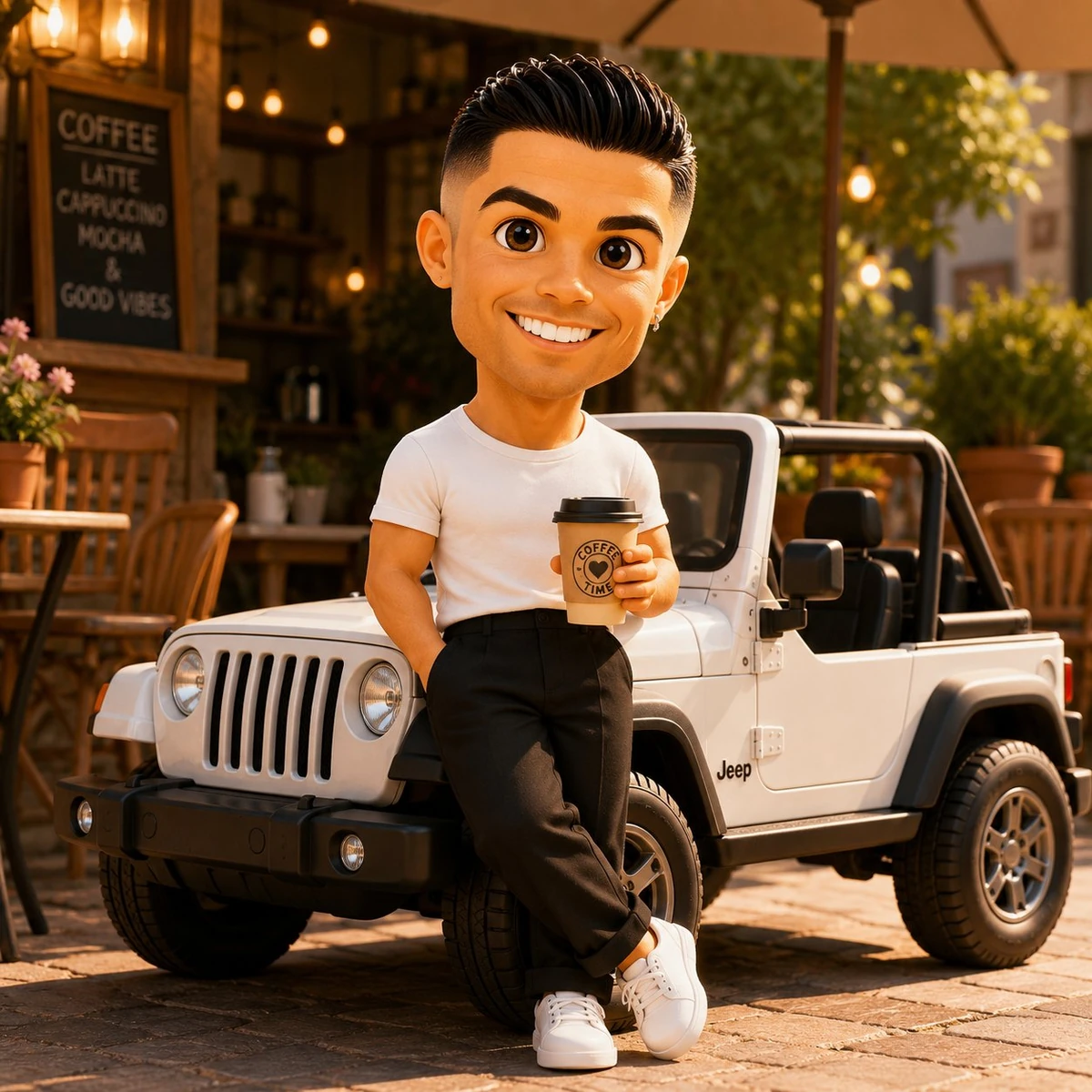 A cute 3D chibi-style character leaning against a parked mini chibi Jeep,...