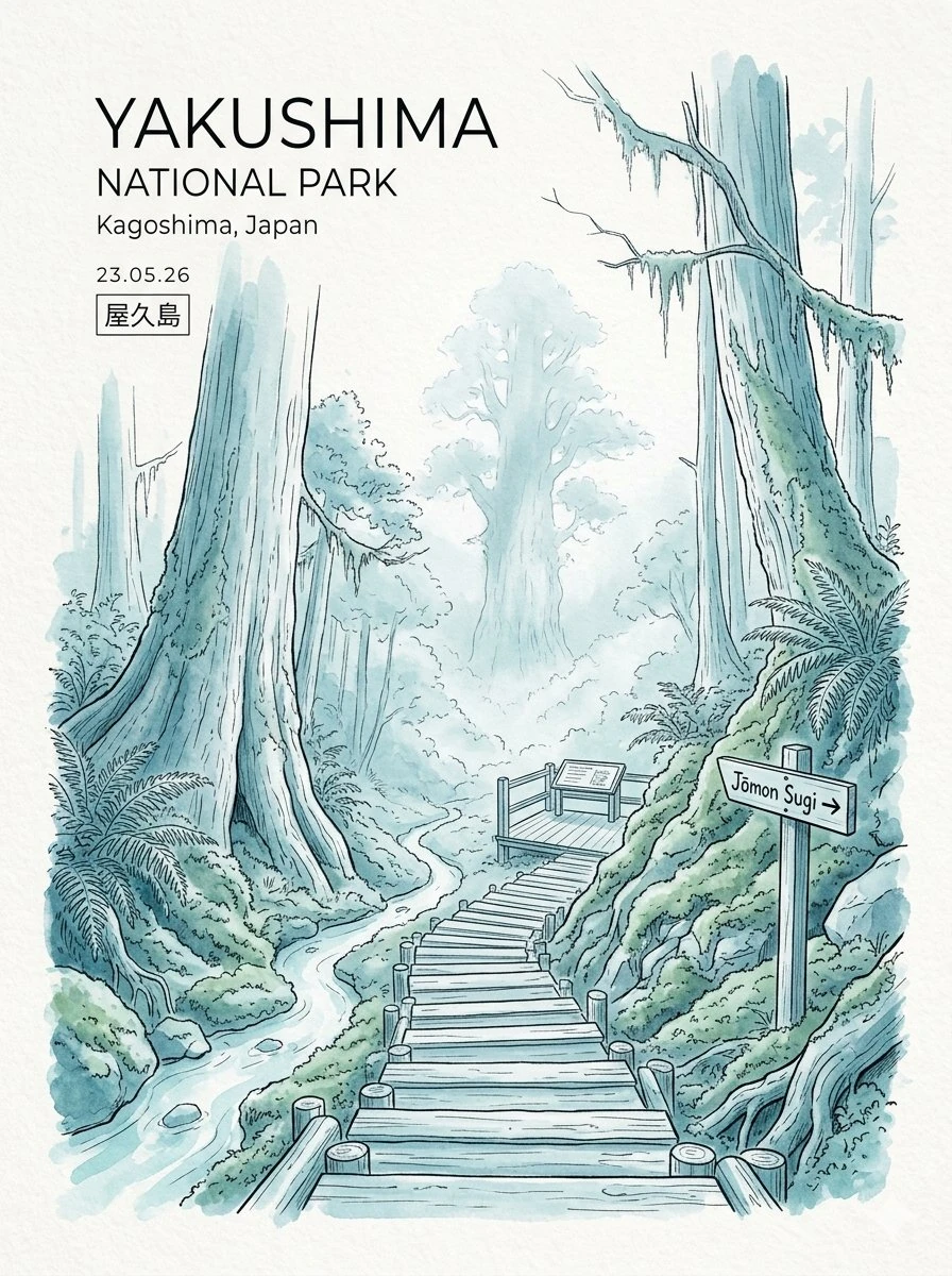 Minimalist architectural watercolor illustration of a serene Yakushima Na...