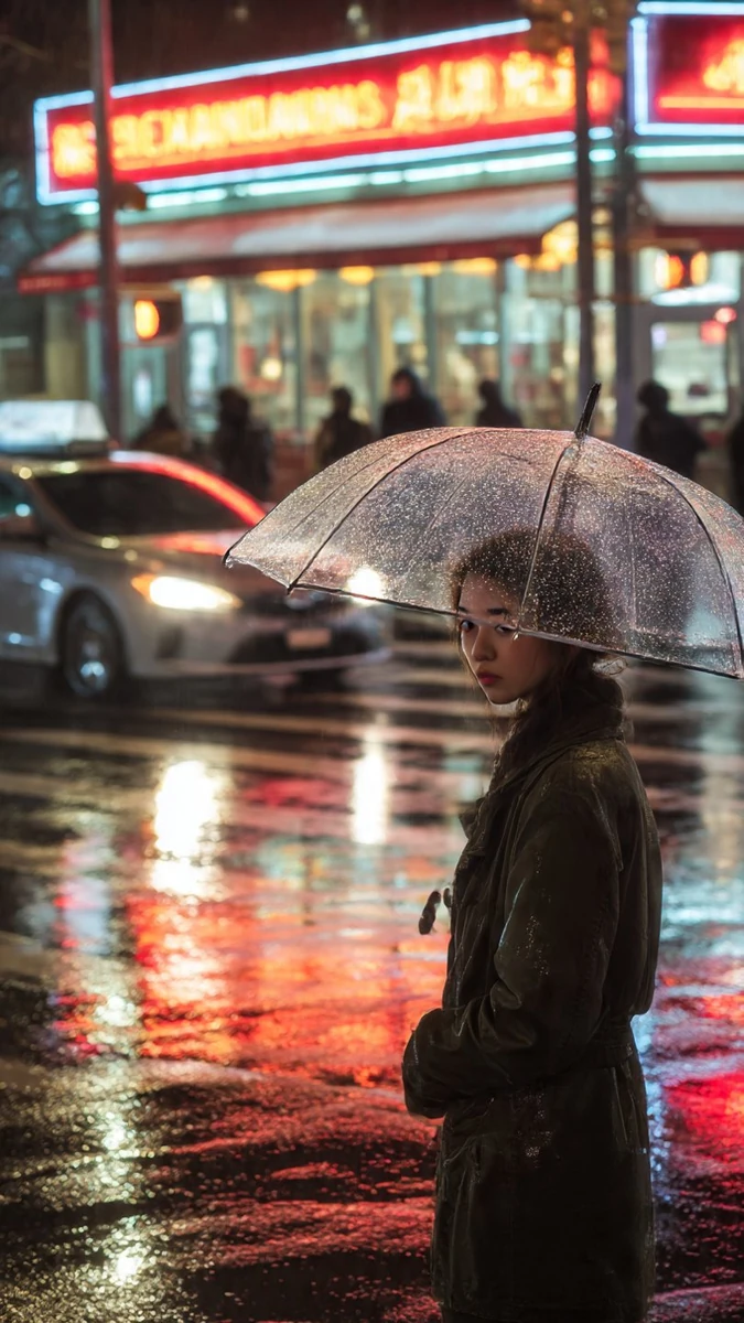 Hyper-realistic candid night street photo of a young woman waiting at a c...