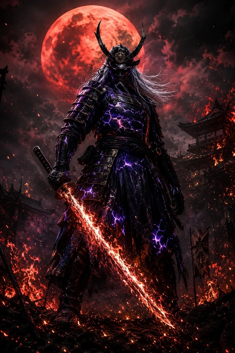 Ancient Japanese samurai warlord standing under burning red moon, black a...