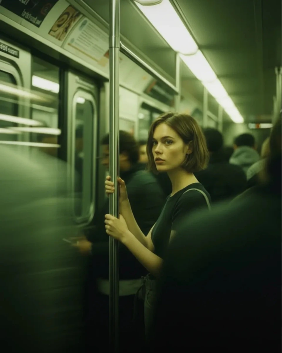Cinematic photograph of a young woman standing inside a crowded subway tr...