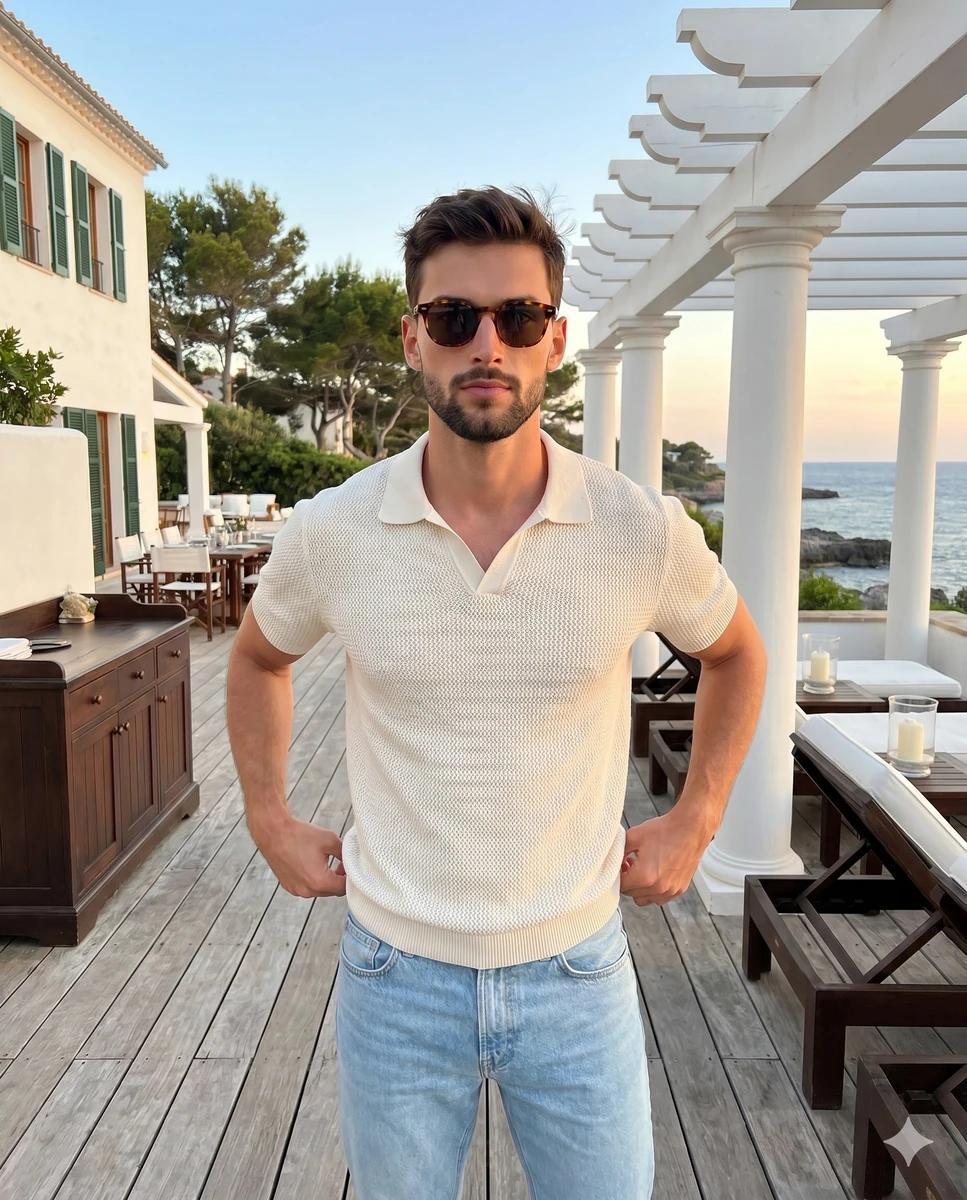 A confident man in his late thirties stands perfectly centered, exuding a...
