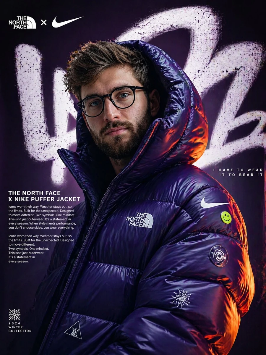 Ultra-realistic fashion campaign poster featuring a young male model with...