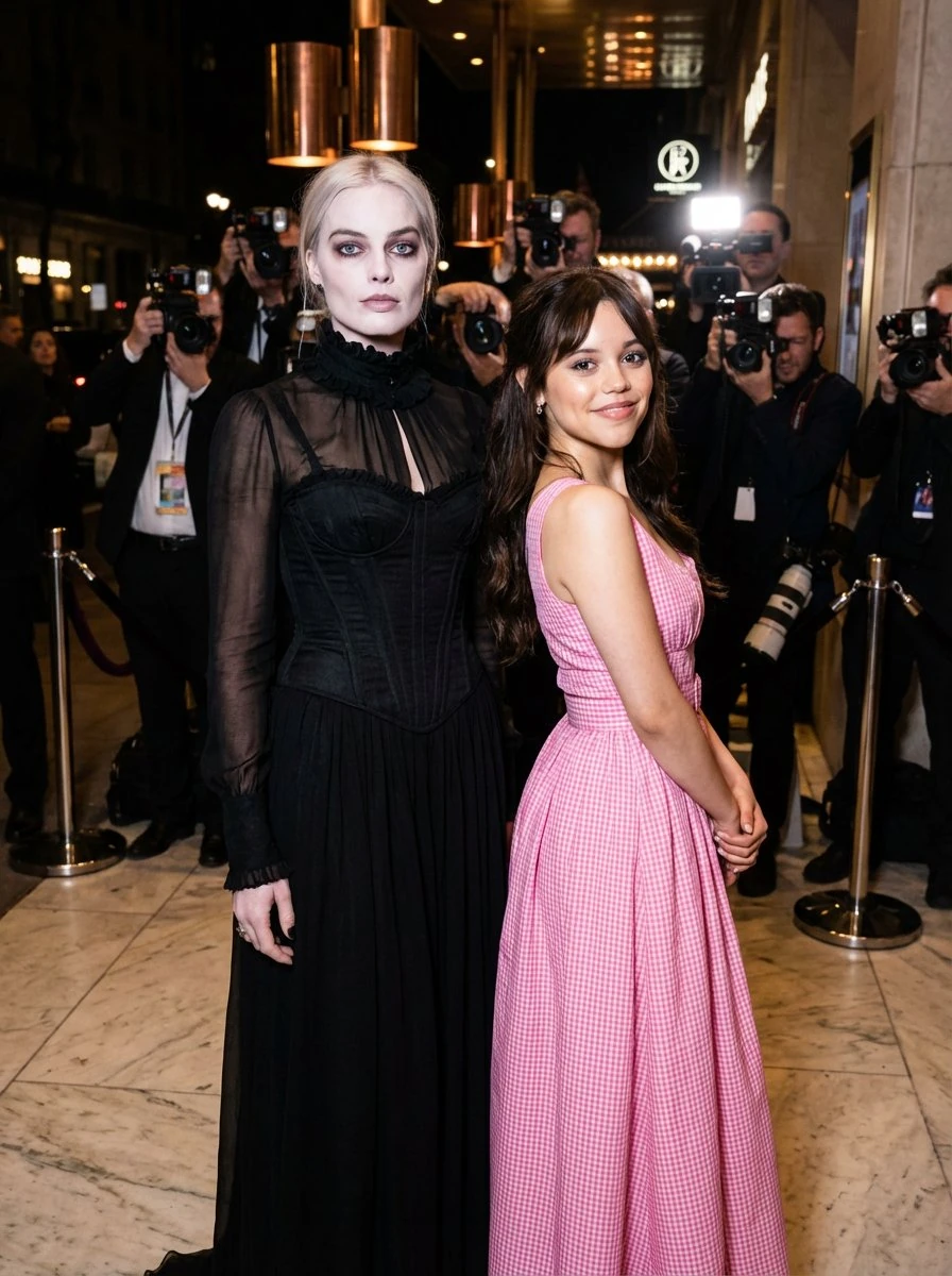A glamorous luxury red carpet event at night, photographers and soft flas...