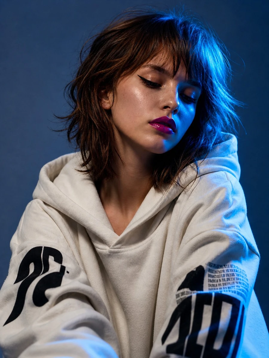 Ultra-realistic fashion editorial portrait of a young woman with a messy...