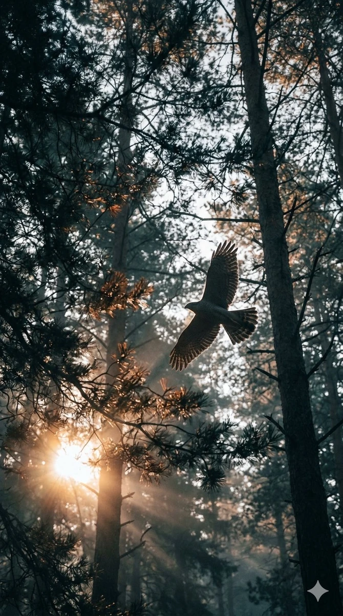 A cinematic, moody forest scene shot from below looking up through dense...