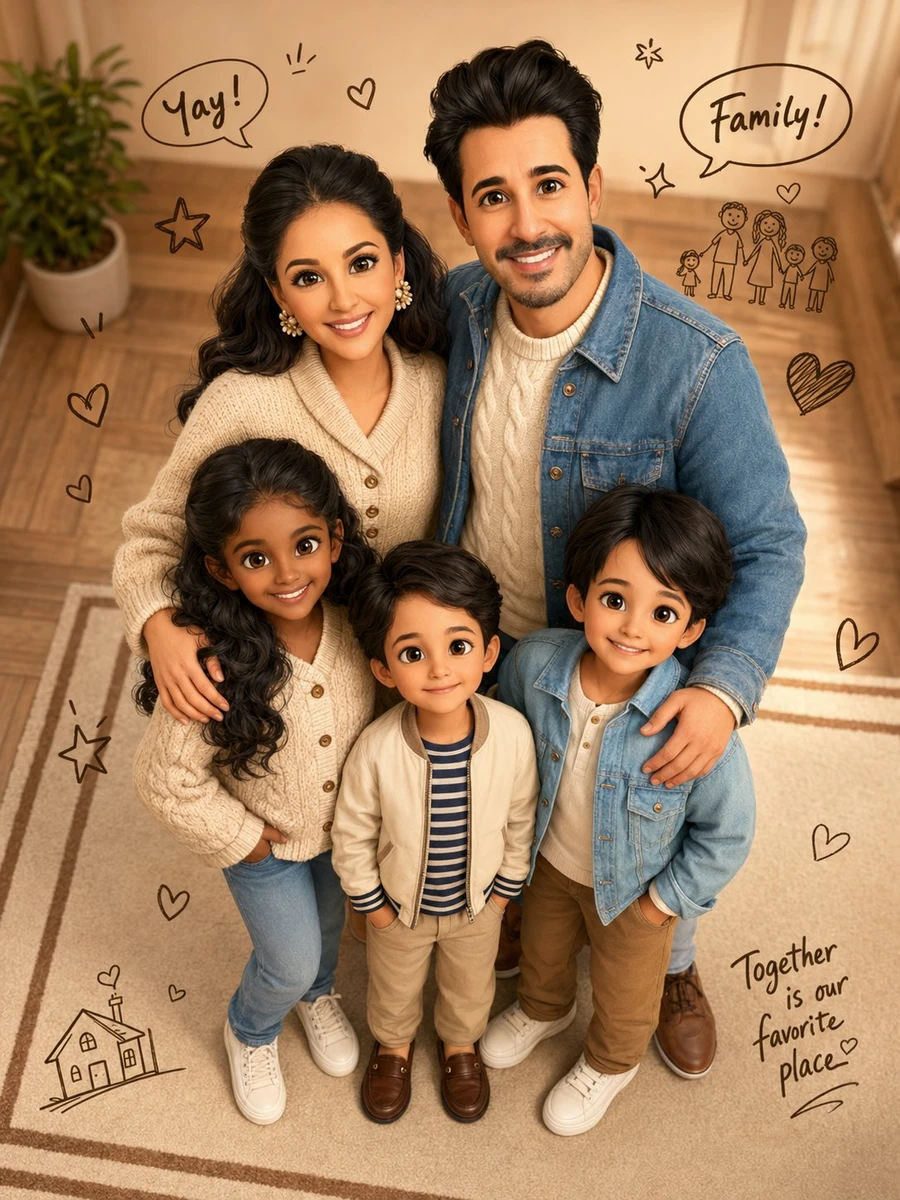 A happy South Asian family of four posing together for a joyful family po...