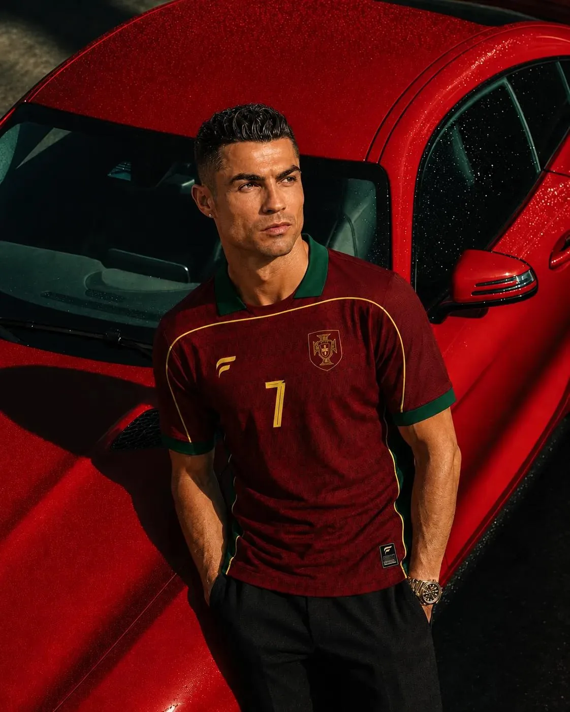 Ultra-photorealistic luxury sports-fashion editorial featuring Cristiano...