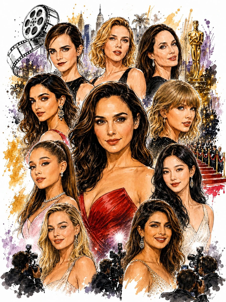 A glamorous cinematic watercolor-fashion collage featuring a collection o...