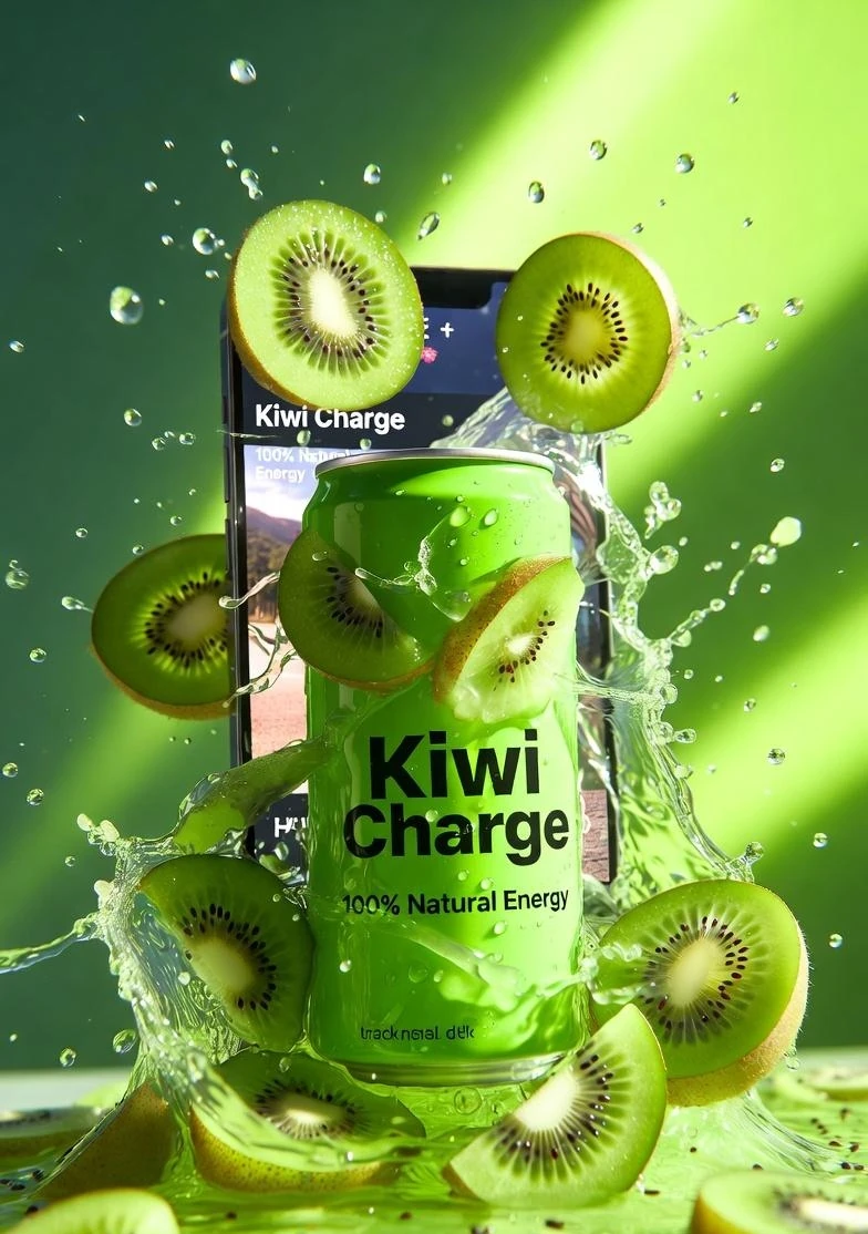 High-end product advertising shot of a vibrant green energy drink can lab...