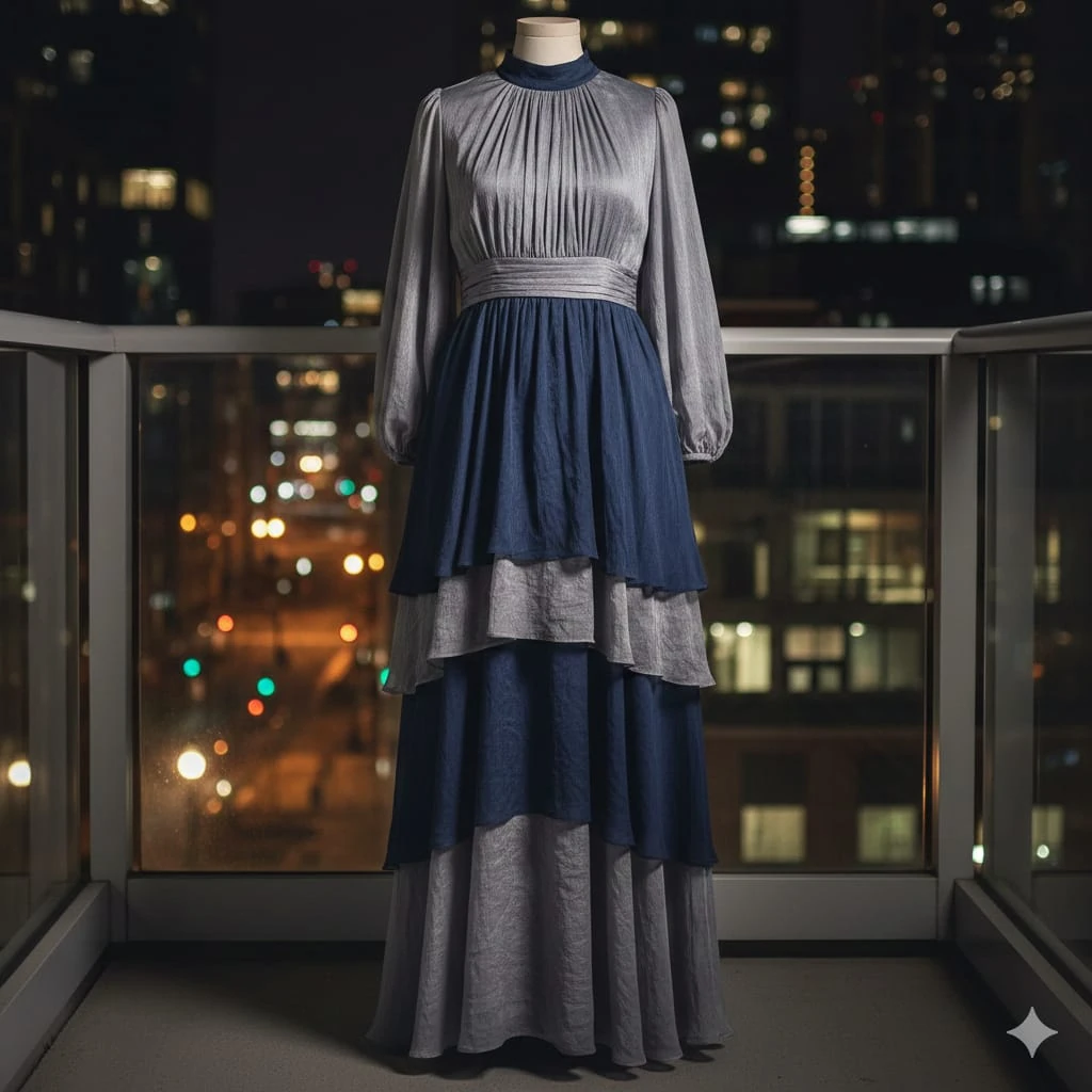A modern, modest dress displayed on a mannequin, featuring layered chiffo...