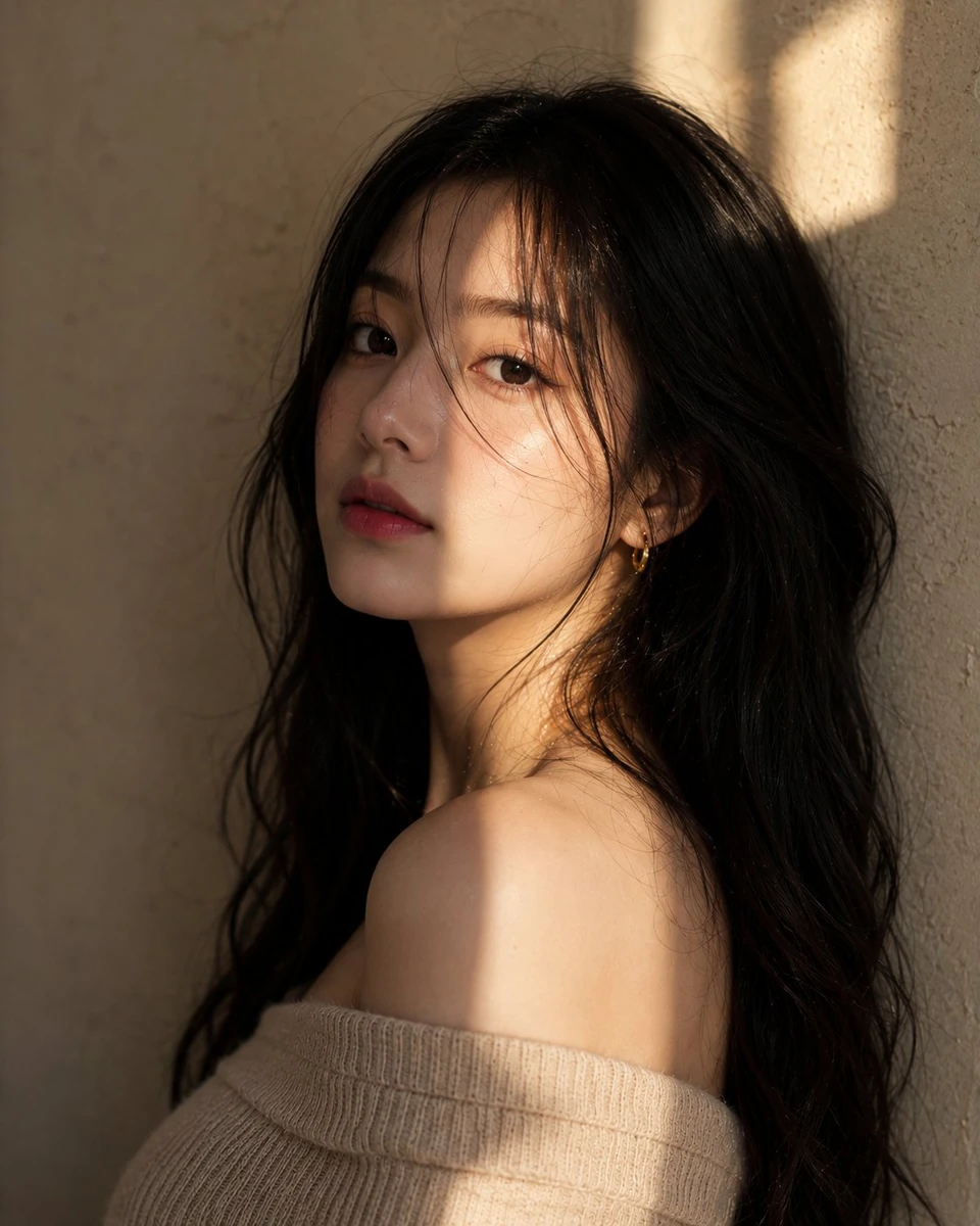 Ultra-realistic editorial portrait of a young Korean woman, upper-chest f...