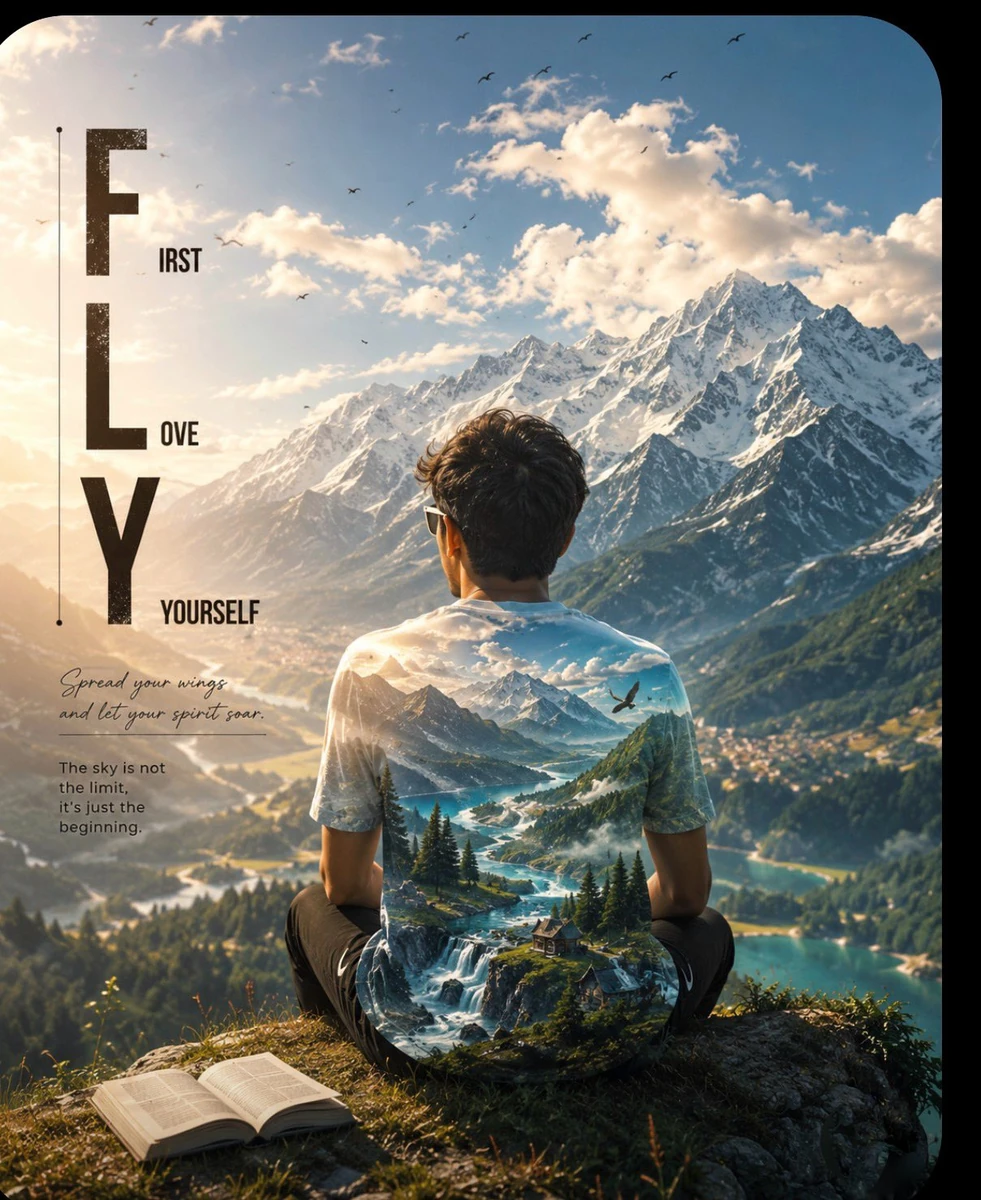 prompt": "Epic motivational double-exposure digital artwork. A young man(...