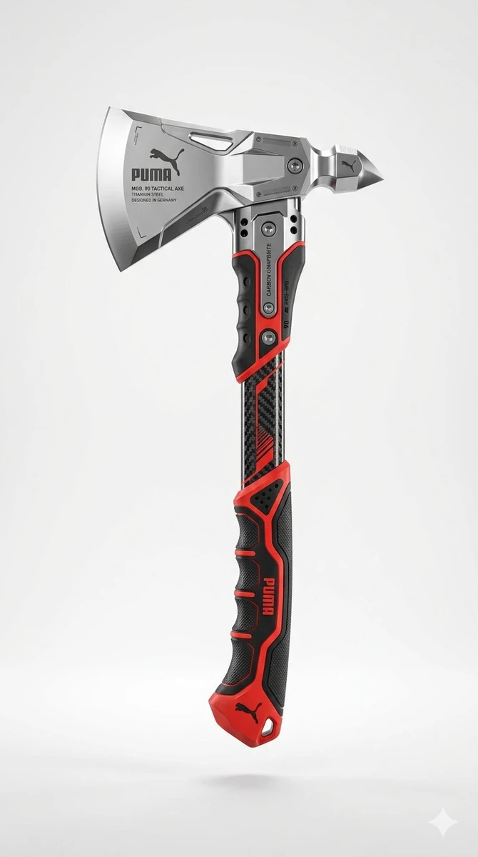 Futuristic tactical axe reimagined as premium [BRAND] sports equipment, v...