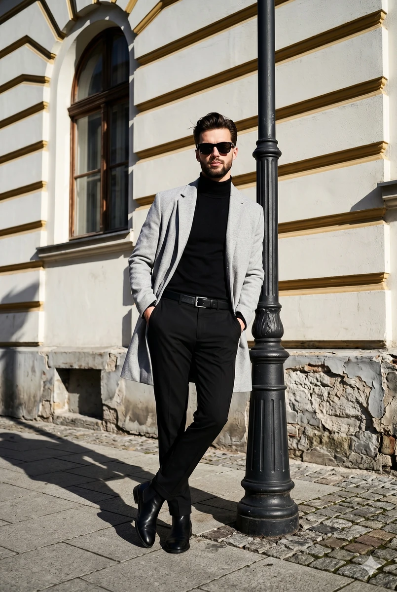 A confident young adult male stands in a deliberately posed fashion stanc...